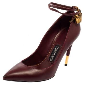 Pre Owned Tom Ford Burgundy Leather Padlock Ankle Wrap Pointed Toe Pumps Size 38