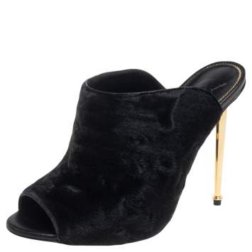 Pre Owned Tom Ford Black Calf Hair Peep-Toe Mule Sandals Size 37