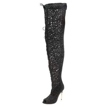 Pre Owned Tom Ford Black Leather Lace Up Over The Knee Boots Size 37