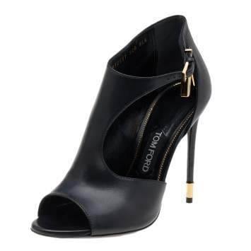 Pre Owned Tom Ford Black Leather Open Toe Padlock High Heels Pumps Size 40