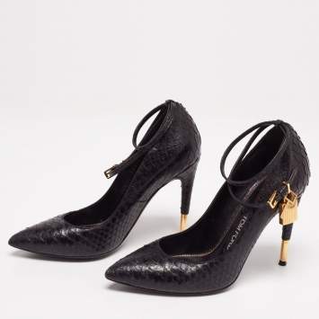 Pre Owned Tom Ford Black Python Leather Padlock Charm Ankle-Strap Pumps Size 38