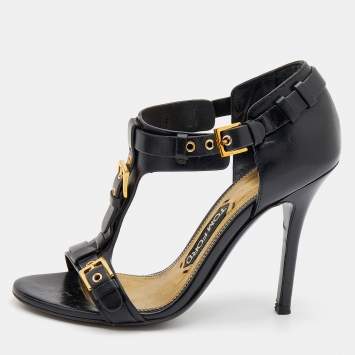 Pre Owned Tom Ford Black Leather Buckle Detail T-Strap Sandals Size 36