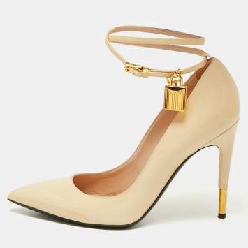 Pre Owned Tom Ford Beige Patent Leather Padlock Ankle Wrap Pointed Toe Pumps Size 39