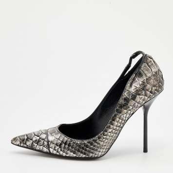 Pre Owned Tom Ford Metallic Silver Python Leather Pointed Toe Pumps Size 38