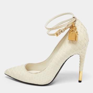 Pre Owned Tom Ford Off White Python Padlock Ankle Strap Pointed Toe Pumps Size 37