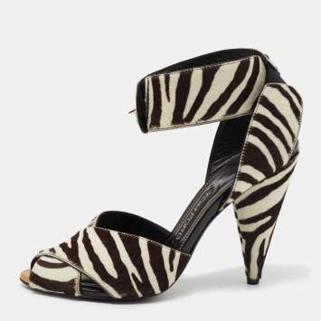 مملوكة مسبقًا Tom Ford White/Brown Calf Hair Ankle Strap Sandals Size 38