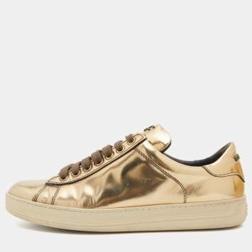 Pre Owned Tom Ford Metallic Gold Patent Leather Low Top Sneakers Size 38