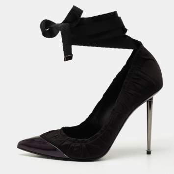 Pre Owned Tom Ford Black Pleated Fabric and Leather Ankle Tie Pumps Size 39
