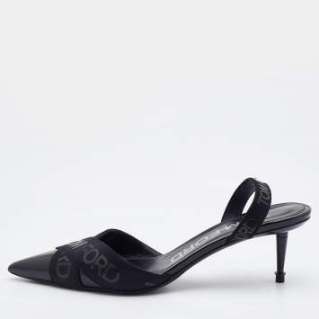 Pre Owned Tom Ford Black Patent Leather And Stretch Fabric Printed Logo Slingback Sandals Size 38