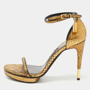 Pre Owned Tom Ford Gold Python Padlock Ankle Strap Platform Sandals Size 38.5