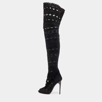 Pre Owned Tom Ford Black Suede Cut Out detail Peep Toe Knee Length Boots Size 38