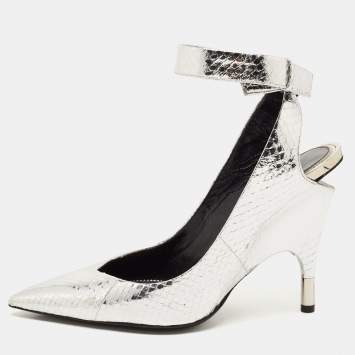 Pre Owned Tom Ford Silver Python Embossed Leather Ankle Strap Wedge Pumps Size 39