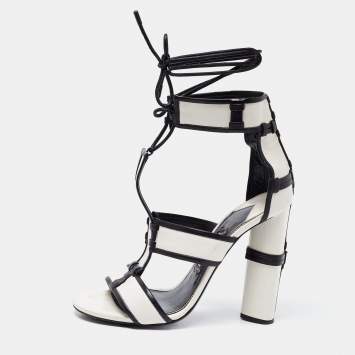 Pre Owned Tom Ford White/Black Paneled Leather Patchwork Ankle Strap Sandals Size 37.5