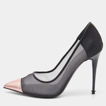 Pre Owned Tom Ford Black/Metallic Rose Pink Mesh and Leather Cap Pointed Toe Pumps Size 38.5
