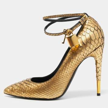 Pre Owned Tom Ford Gold Python Padlock Ankle Strap Pumps Size 39.5