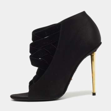 Pre Owned Tom Ford Black Satin Padlock Peep Toe Ankle Boots Size 37.5