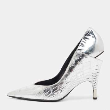 Pre Owned Tom Ford Silver Croc Embossed Leather Wedge Pumps Size 40