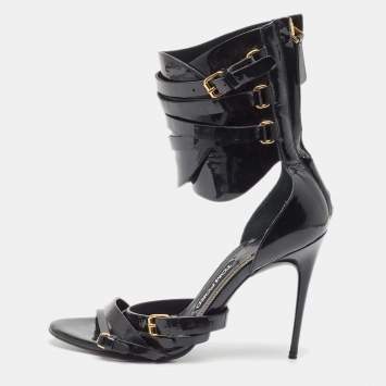 Pre Owned Tom Ford Black Patent Leather Triple Buckle Ankle Cuff Sandals Size 38