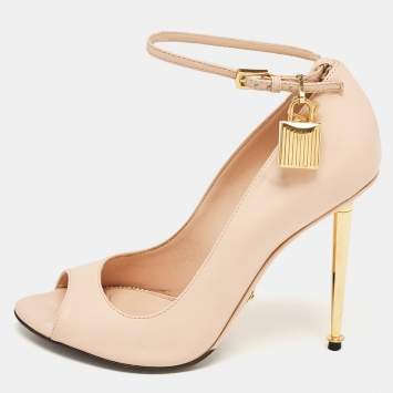 Pre Owned Tom Ford Beige Leather Peep Toe Padlock Pumps Size 36.5