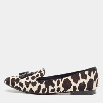 Pre Owned Tom Ford White/Brown Pony Hair Tassel Detail Smoking Slippers Size 38