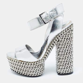 Pre Owned Tom Ford Sliver Leather Platform Ankle Strap Sandals Size 37