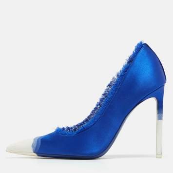 Pre Owned Tom Ford Blue/White Fringed Satin Pointed Toe Pumps Size 39.5