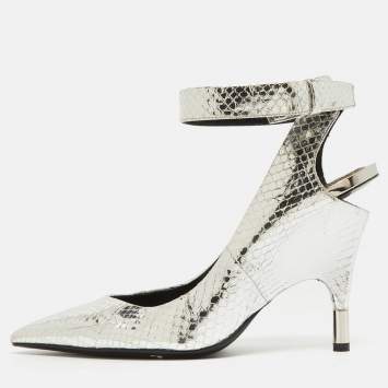 Pre Owned Tom Ford Silver Python Embossed Leather Ankle Strap Pumps Size 38