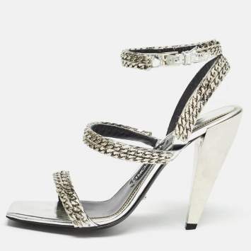 Pre Owned Tom Ford Metallic Silver Leather Chain Embellished Ankle Strap Sandals Size 39