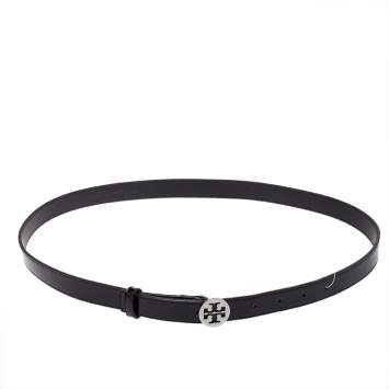 Pre Owned Tory Burch Black Patent Leather Reva Logo Narrow Belt 95CM