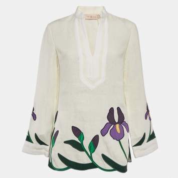 Pre Owned Tory Burch Off-White Iris Embroidered Linen Tory Tunic S