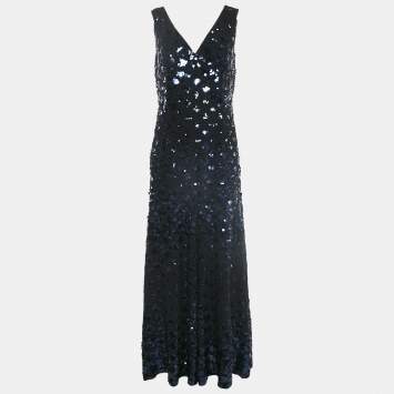 Tory Burch Black Sequin Embellished Crepe Sleeveless Maxi Dress M