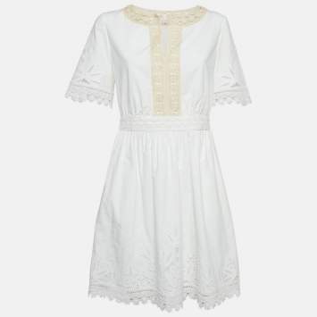 Tory Burch White Cotton Lace Trimmed Larissa Mini Dress S