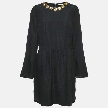 Tory Burch Black Floral Embossed Silk Blend Embellished Short Dress XL