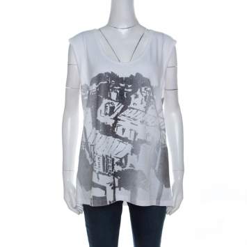 Pre Owned Tory Burch White Cotton Jersey Foil Print Olivine Sleeveless Top XL