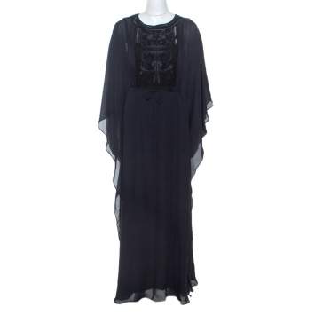 Pre Owned Tory Burch Navy Blue Silk Embroidered Detail Kaftan S