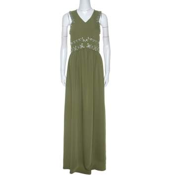 Tory Burch Green Crepe Embellished Luisa Sleeveless Gown M