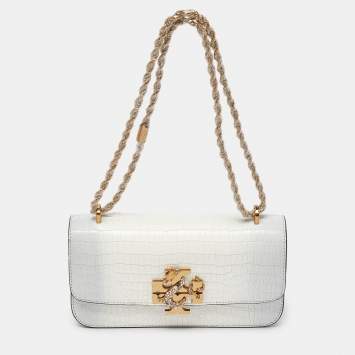 Pre Owned Tory Burch Warm White/Mist Croc Embossed Leather Eleanor Dragon Rectangular Shoulder Bag