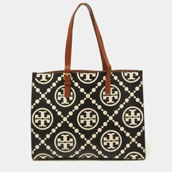 Pre Owned Tory Burch Black/Beige T Monogram Embossed Leather Tote