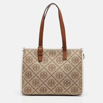 Pre Owned Tory Burch Brown/Ivory T Monogram Canvas Small Tote