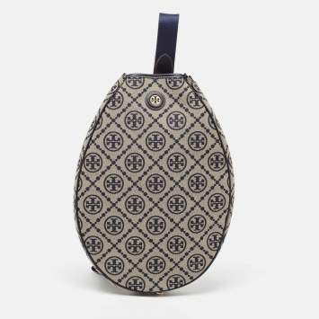 Pre Owned Tory Burch Navy Blue T Monogram Jacquard Canvas Tennis Bag