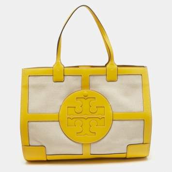 Pre Owned Tory Burch Yellow/Natural Canvas and Leather Large Ella Tote