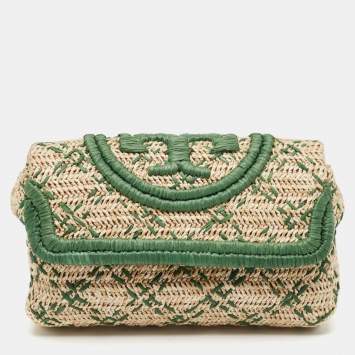 Pre Owned Tory Burch Green/Natural Woven Raffia Fleming Clutch