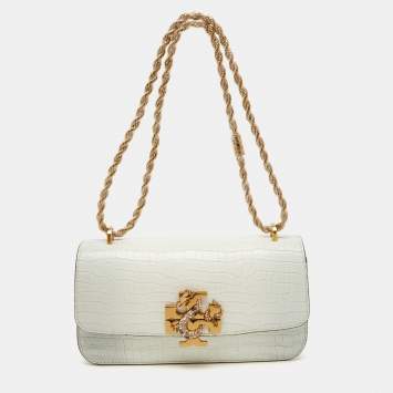 Pre Owned Tory Burch White Croc Embossed Leather Eleanor Dragon Rectangular Shoulder Bag