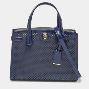 Pre Owned Tory Burch Navy Blue Perforated Leather Small Robinson Tote