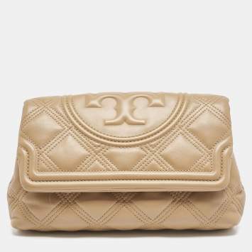 Pre Owned Tory Burch Light Brown Leather Fleming Soft Clutch