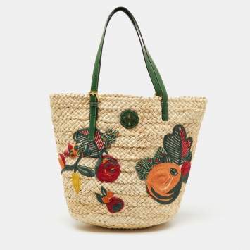 Pre Owned Tory Burch Beige/Green Woven Straw and Leather Embroidered Fruit Emerson Tote
