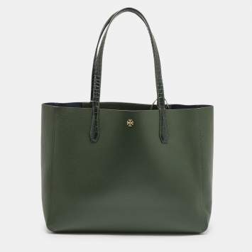 Pre Owned Tory Burch Jitney Green Leather and Croc Embossed Handle Blake Tote