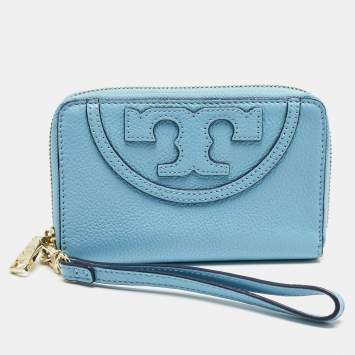 Tory Burch Light Blue Leather Zip Around Wristlet Wallet