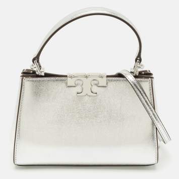 Pre Owned Tory Burch Metallic Silver Leather Mini Eleanor Top Handle Bag