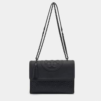 Pre Owned Tory Burch Matte Black Rubberized Faux Leather Fleming Convertible Shoulder Bag